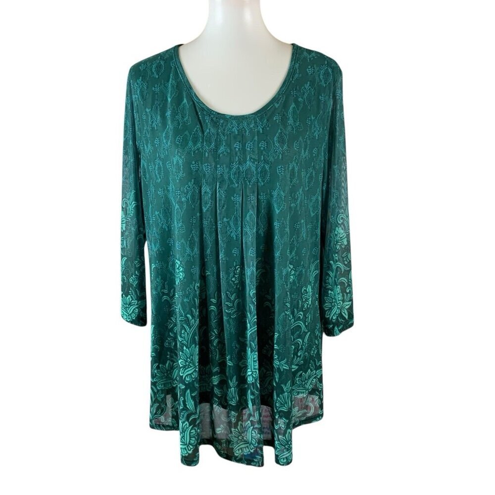 Valolia Green Boho Tunic Top‎ Long Sleeve Floral Flowy Artsy Stretch XXL